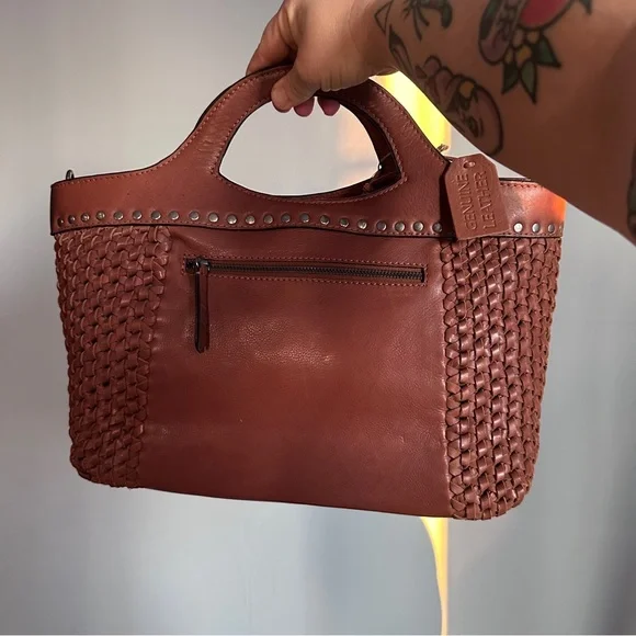 Brown Leather Tote with Woven Design - Picture 3 of 5